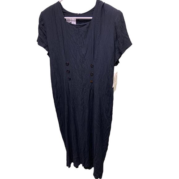 Betsy Lauren Womens Solid Black Midi Dress Short Sleeve Accent Buttons Size 13 - Picture 2 of 7